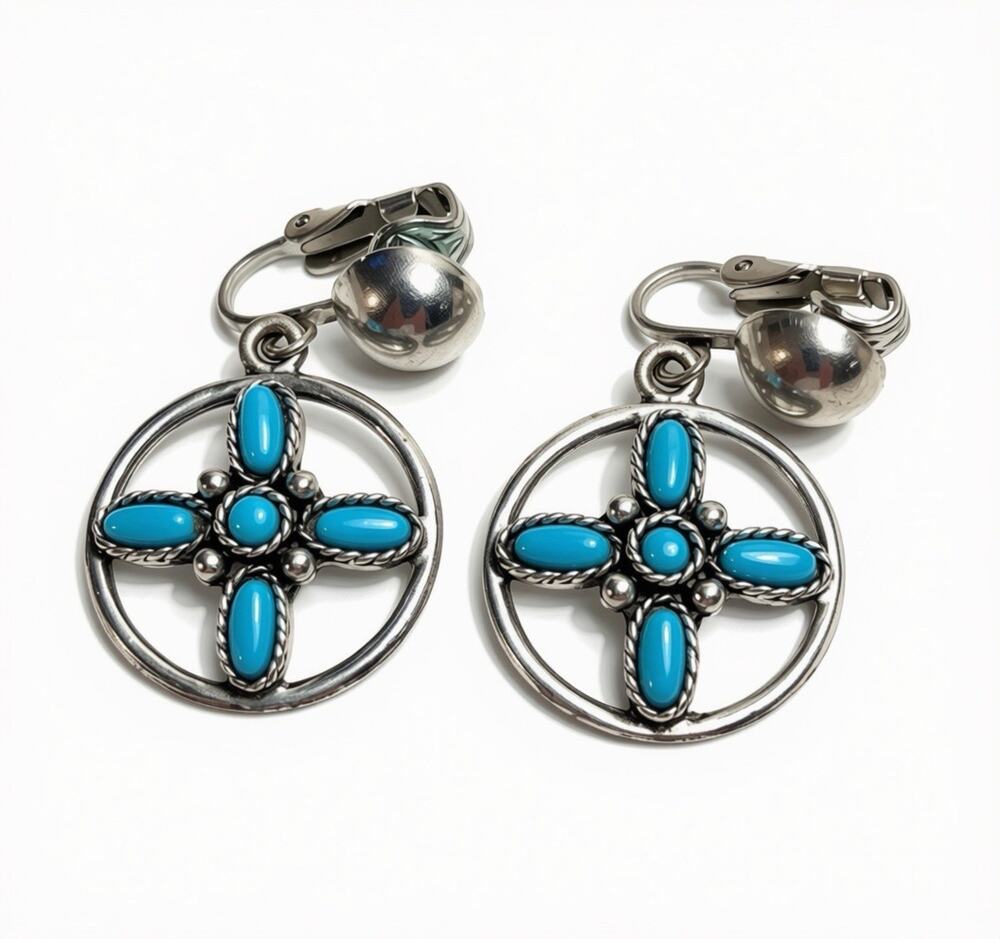 Vintage Sancrest Clip Earrings Silver Tone Cross Faux Turquoise Southwest